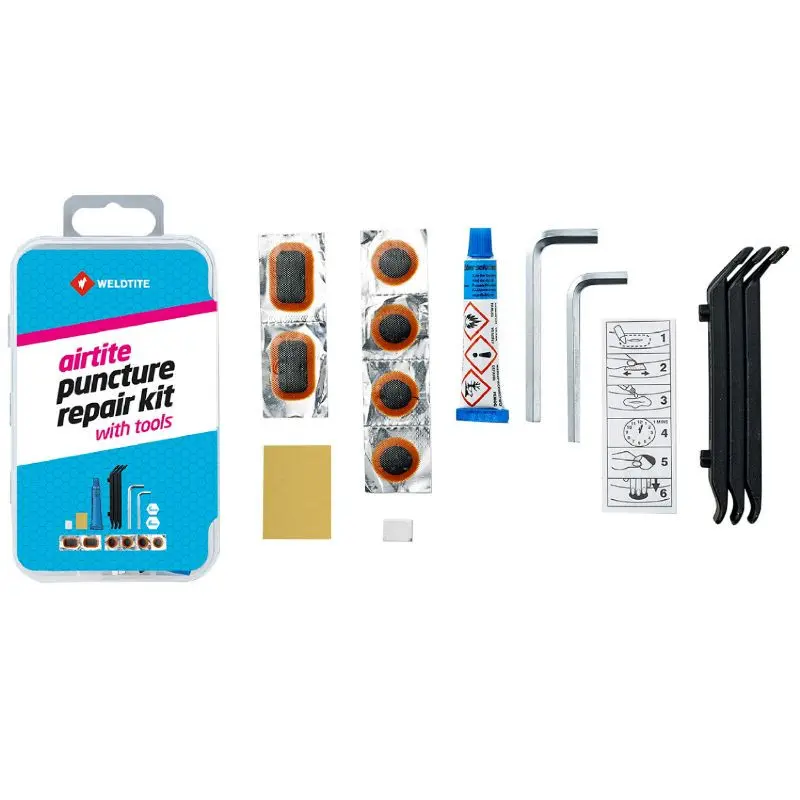 MTB-Schlauchreparaturset mit Werkzeug - Box mit 4 Flicken 18mm + 2 Flicken 28x18mm + Kleber 5g + Bimssteinpapier + Kreide + 3 Reifendemontierungen + 2 Inbusschlüssel 5 und 6 mm mit Anleitung Weldtite
